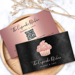 Cartão De Visita Código QR de Cupcake com Brilho em Rose Gold em Pr