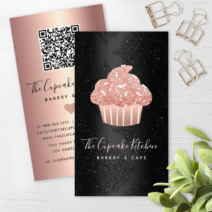 Cartão De Visita Código QR de Cupcake com Brilho em Rose Gold em Pr
