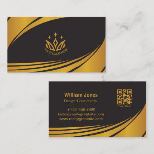 Cartão De Visita Código QR de Design Corporativo Preto e Dourado El
