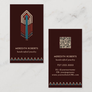 Cartão De Visita Código QR de Design Tribal Turquesa em Terracota