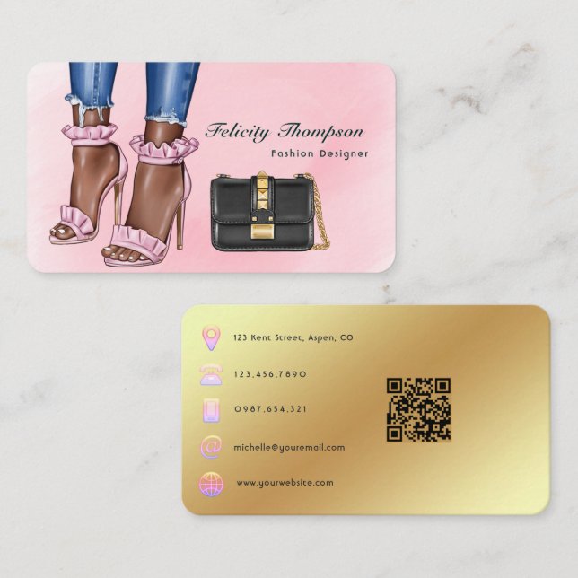Cartão De Visita Código QR de designer de moda rosa e dourado (Frente/Verso)