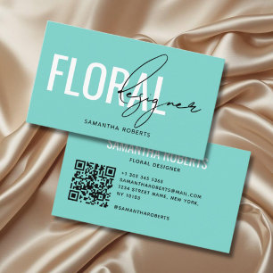 Cartão De Visita Código QR de designer floral moderno em azul turqu
