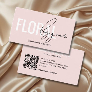 Cartão De Visita Código QR de designer floral moderno rosa bege