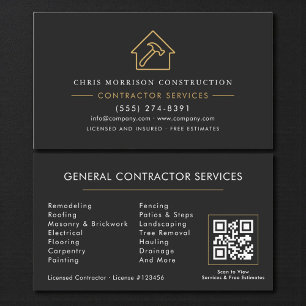 Cartão De Visita Código QR de Empreiteiro Geral Black Gold