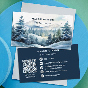 Cartão De Visita Código QR de Esqui Floresta de Montanha de Inverno