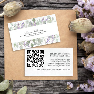 Cartão De Visita Código QR de Eucalipto e Lavanda em Aquarela Rústi