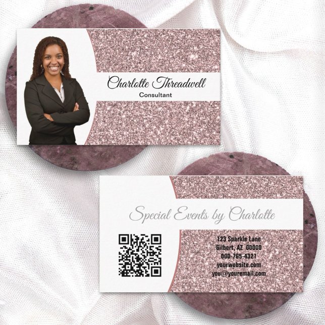 Cartão De Visita Código QR de Faux Glitter Professional de Foto do  (This chic double sided design offers room for a photo, QR code and other business details. )