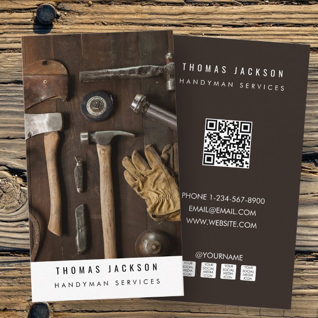 Cartão De Visita Código QR de ferramentas de carpinteiro de mão (Handyman Carpenter Tools Photo QR Code Business Card)