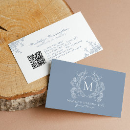 Cartão De Visita Código QR de Floral Crest Monograma Azul Empoeirad