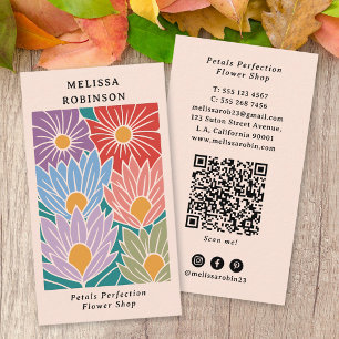 Cartão De Visita Código QR de Flores Coloridas e Groovy Retrô Flori