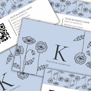 Cartão De Visita Código QR de Flores de Papoula Azul Claro Botânico