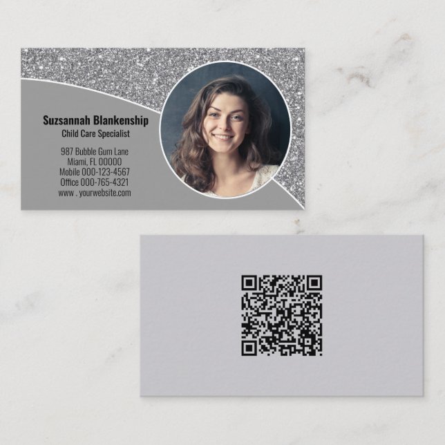 Cartão De Visita Código QR de folheto personalizado do faux Silver  (Frente/Verso)