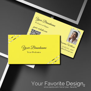 Cartão De Visita Código QR de Foto Amarelo e Creme com Linhas Prate