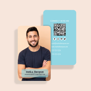 Cartão De Visita Código QR de Foto Azul Claro Conecte-se Comigo