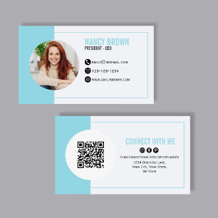 Cartão De Visita Código QR de Foto Azul Claro Conecte-se Comigo