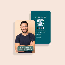 Cartão De Visita Código QR de Foto Azul Escuro Conecte-se Comigo