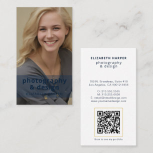 Cartão De Visita Código QR de Foto Azul Marinho Moderno Profissiona
