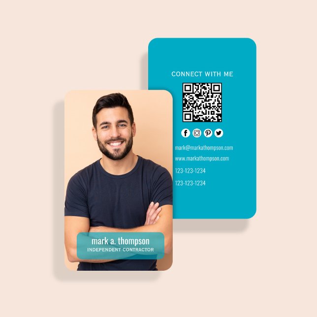 Cartão De Visita Código QR de Foto Azul Moderno Conecte-se Comigo (Modern teal QR code card with photo and clean minimalist contact layout)