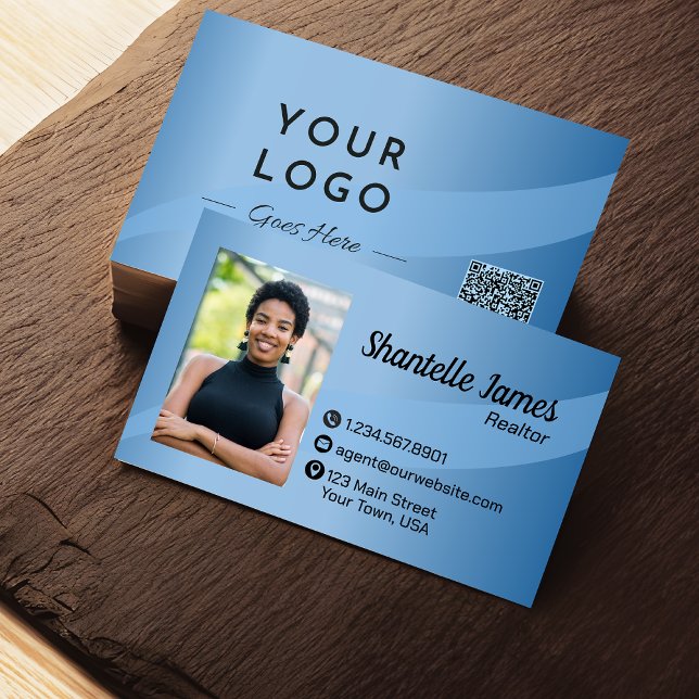Cartão De Visita Código QR de Foto Azul Profissional Moderno (Criador carregado)