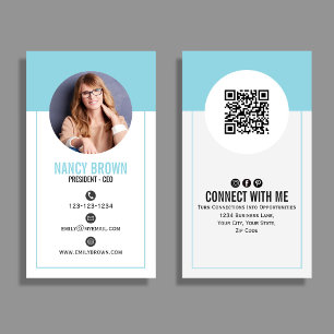 Cartão De Visita Código QR de Foto Azul-Verde Conectar Comigo Minim