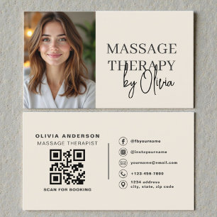 Cartão De Visita Código QR de Foto Bege Neutro para Terapeuta de Ma