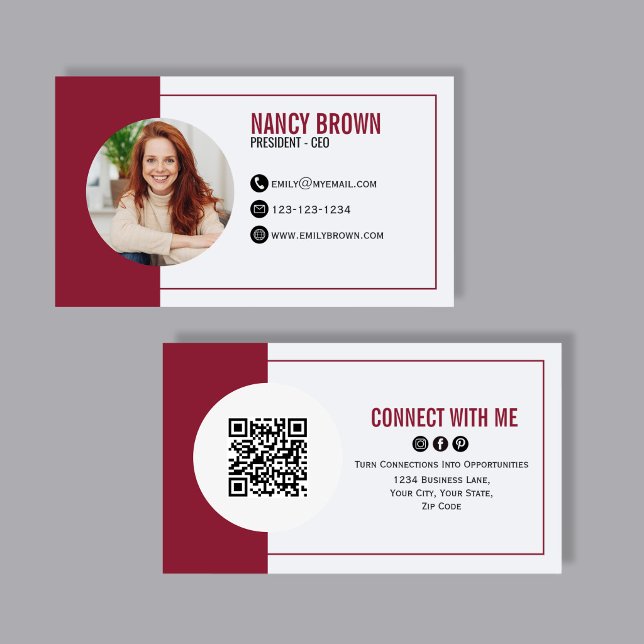 Cartão De Visita Código QR de Foto Borgonha Conecte-se Comigo (Modern QR code business card with photo and bold red accents, perfect for stylish networking. )
