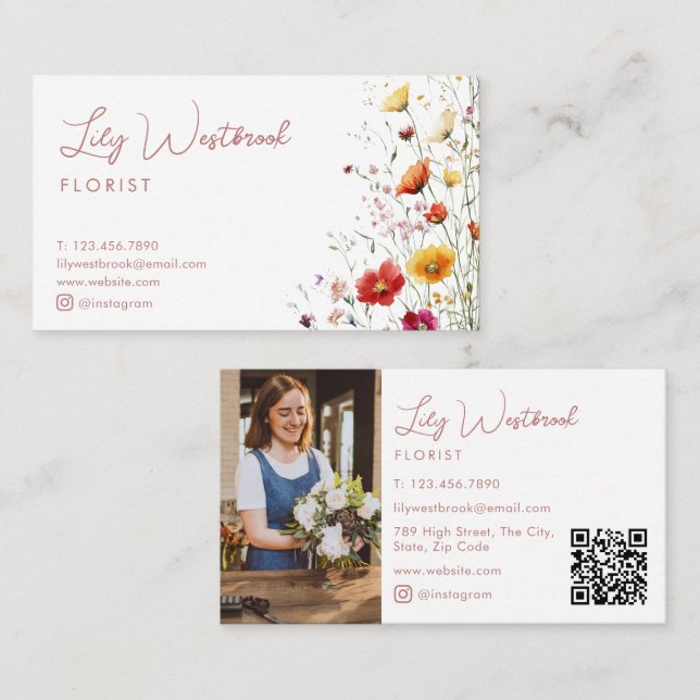 Cartão De Visita Código QR de Foto com Fonte Script de Flor Silvest (Frente/Verso)