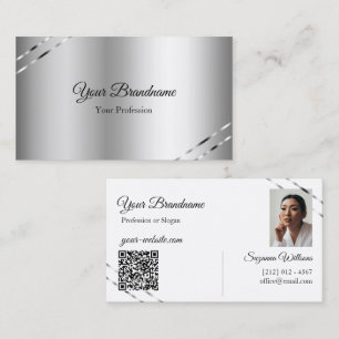 Cartão De Visita Código QR de Foto com Linhas Brilhantes em Prata C