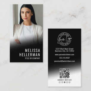 Cartão De Visita Código QR de Foto Contemporâneo Preto Logotipo Ver