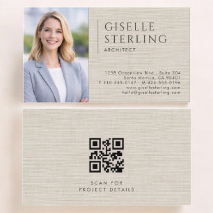 Cartão De Visita Código QR de Foto de Arquiteto em Linho