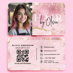 Cartão De Visita Código QR de Foto de Cabeleireiro Mármore Rosa