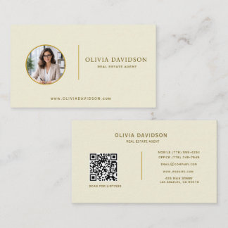 Cartão De Visita Código QR de Foto de Imóveis em Bege Dourado Profi