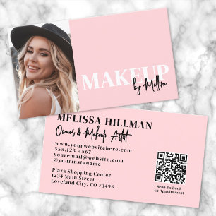 Cartão De Visita Código QR de Foto de Maquiagem com Letra Rosada