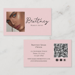 Cartão De Visita Código QR de Foto de Maquiagem em Rosa Bege Script