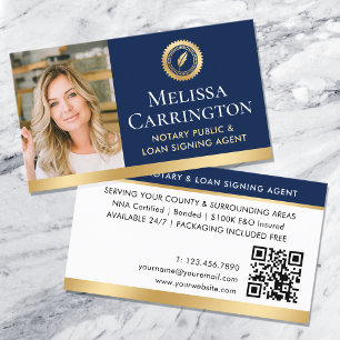 Cartão De Visita Código QR de Foto de Notário Público Elegante Azul
