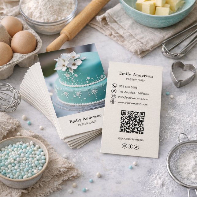 Cartão De Visita Código QR de Foto de Padaria de Chef de Confeitari (Pastry Chef Bakery Photo QR Code Business Card)
