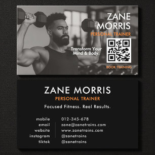 Cartão De Visita Código QR de Foto de Treinador de Fitness Moderno