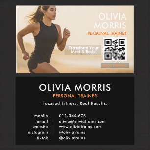 Cartão De Visita Código QR de Foto de Treinador de Fitness Moderno