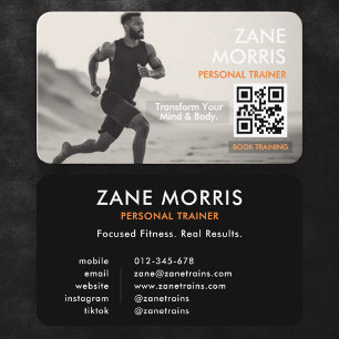 Cartão De Visita Código QR de foto de treinador de fitness preto e 