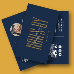 Cartão De Visita Código QR de Foto de Unhas de Luxo Azul Naval Dour