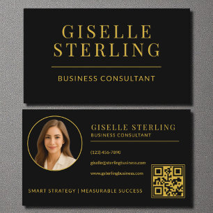 Cartão De Visita Código QR de Foto do Consultor de Negócios Dourado