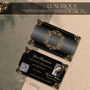Cartão De Visita Código QR de Foto do Monograma de Decor Dourado Pr