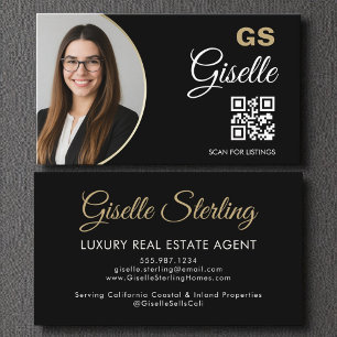 Cartão De Visita Código QR de Foto Dourada do Agente Imobiliário d