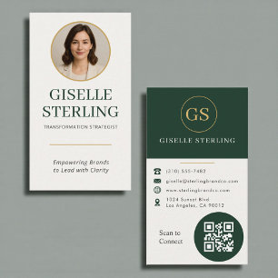 Cartão De Visita Código QR de Foto Dourado Verde Escuro