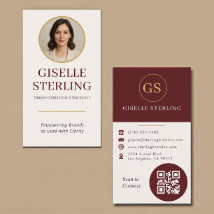 Cartão De Visita Código QR de Foto em Dourado e Borgonha