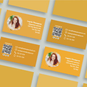 Cartão De Visita Código QR de Foto Laranja Mídia Social