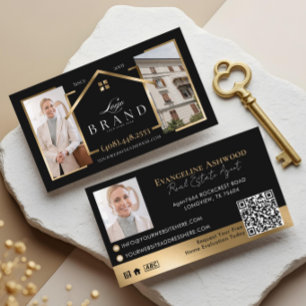 Cartão De Visita Código QR de Foto Logo de Agente Imobiliário Black