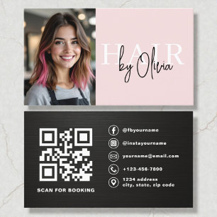 Cartão De Visita Código QR de Foto Metálico Rosa Bege para Estilist