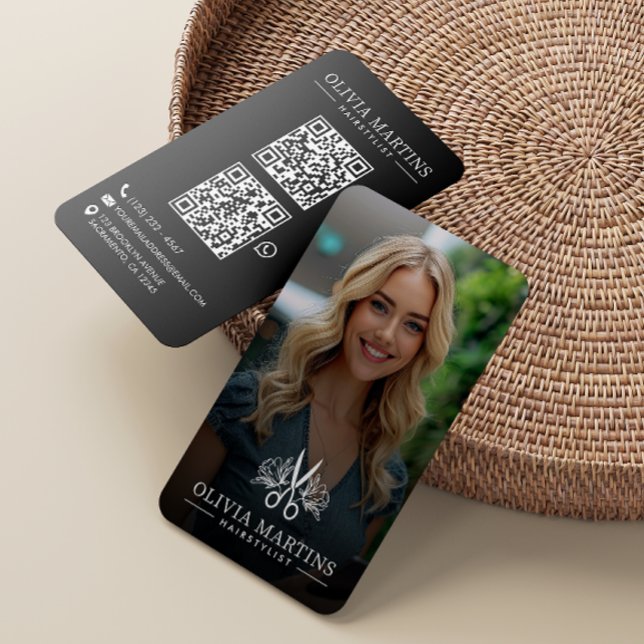 Cartão De Visita Código QR de Foto Moderna Hairstylist (Criador carregado)