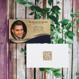 Cartão De Visita Código QR de Foto Personalizada para Preto e Beige
